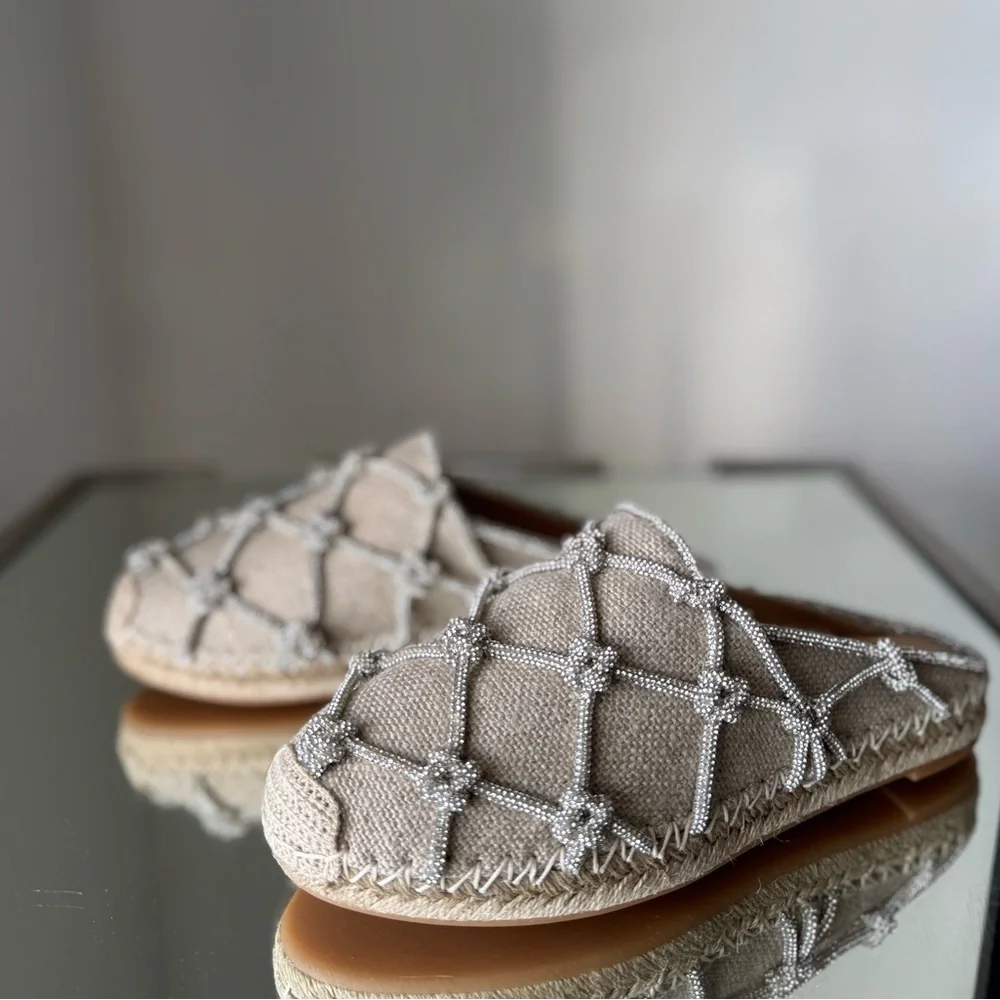 New VALENTINO GARAVANI Crystal-embellished linen espadrille mules $1,150 35